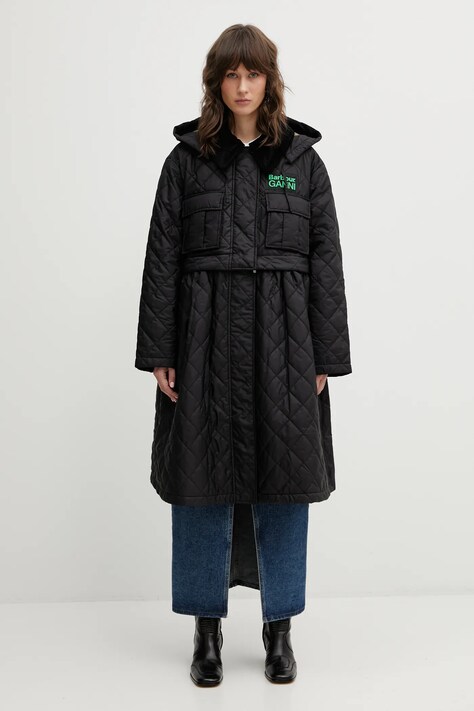 Barbour geacă x Ganni Peplum Quilted culoarea negru, de tranziție, oversize, LQU1890BK11