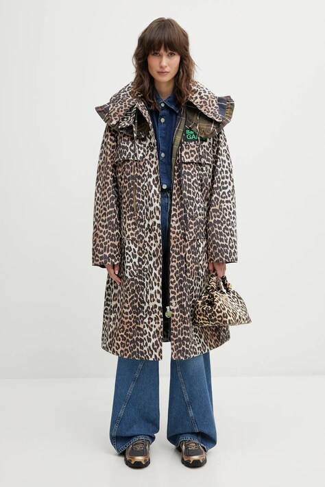 Barbour geacă x Ganni Leopard Waterproof culoarea maro, de tranziție, LWB0931BK11