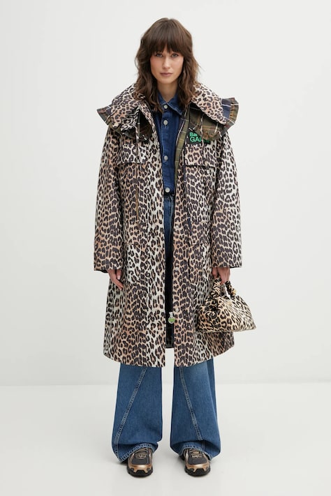 Barbour geacă x Ganni Leopard Waterproof culoarea maro, de tranziție, LWB0931BK11