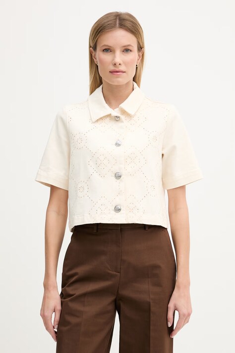 Dkny koszula jeansowa damska kolor beżowy regular z kołnierzykiem klasycznym DJ6J6244