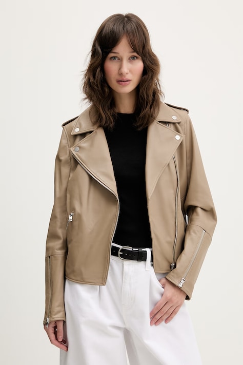 Kožená bunda HUGO Lujana béžová farba, prechodná, 50551255