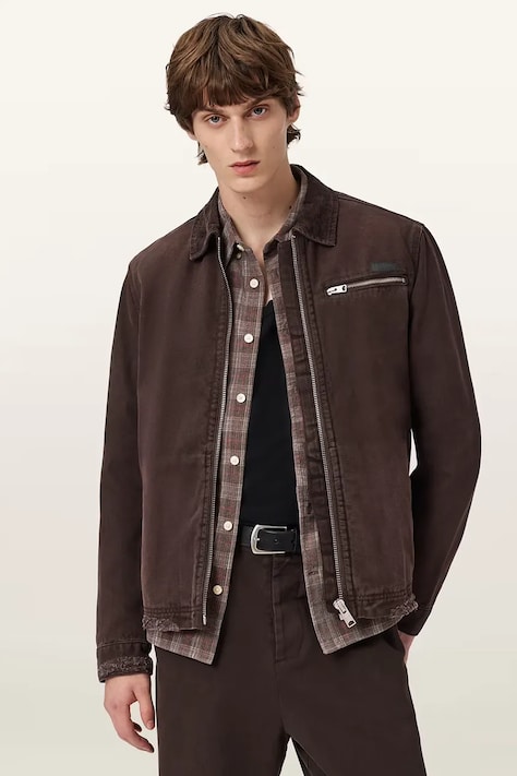 Bavlněná bunda AllSaints hnědá barva, přechodná, M080OB