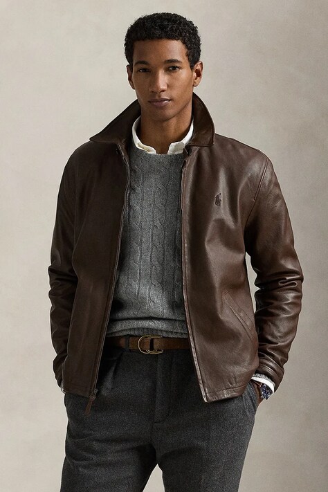 Polo Ralph Lauren kurtka skórzana kolor brązowy przejściowa 710671431