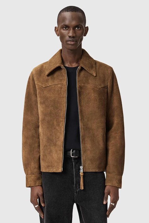 AllSaints kurtka zamszowa DELLCOT kolor brązowy przejściowa M027LD