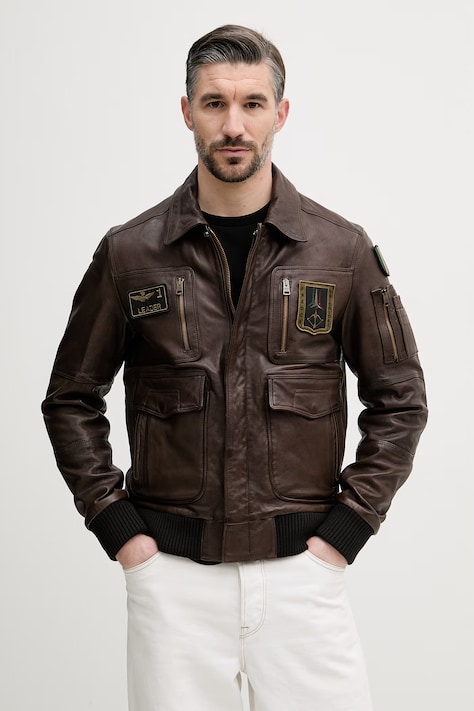 Kožená bunda Aeronautica Militare hnědá barva, přechodná, PN5058U100839