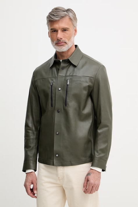 BOSS Green jachetă scurtă pentru bărbați, din piele BOSS X PORSCHE verde 50560422