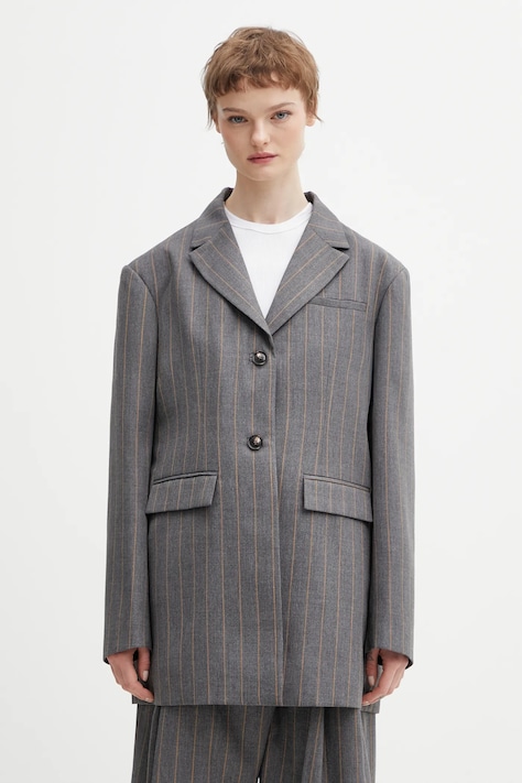 GANNI marynarka z dodatkiem wełny kolor szary jednorzędowa A1020040