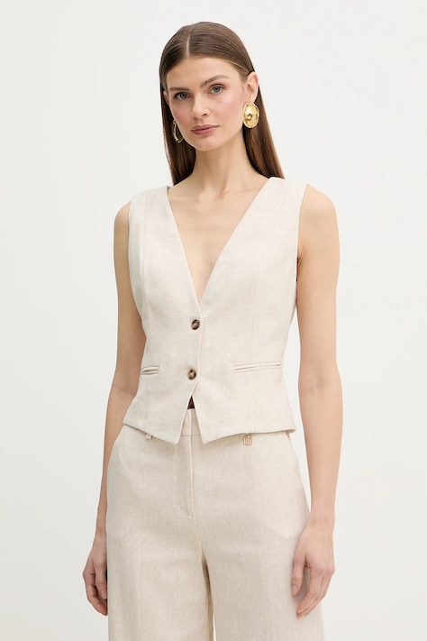 Fracomina kamizelka z dodatkiem lnu kolor beżowy jednorzędowa FR26SJ5009W67101