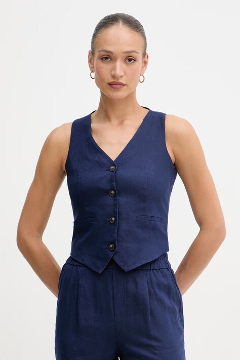 United Colors of Benetton jednoredni prsluk za žene od lana mornarski 2AGHDJ014