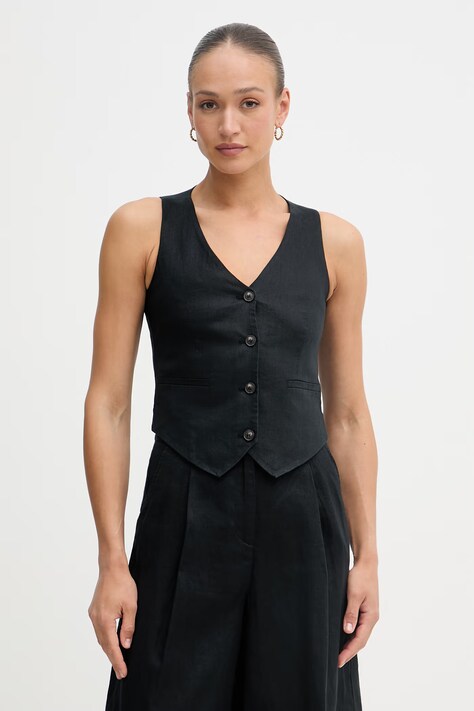 United Colors of Benetton jednoredni prsluk za žene od lana crni 2AGHDJ014