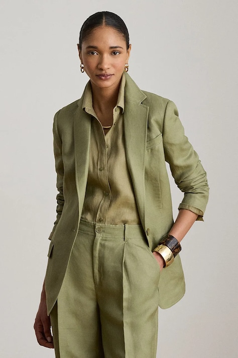 Lauren Ralph Lauren marynarka jednorzędowa damska z lnem zielona 200P13643
