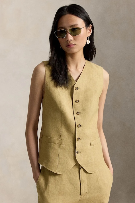 Polo Ralph Lauren kamizelka damska lniana DELAVE LINEN-WVN-BLAZER/SPORT COAT beżowa 211A12779001