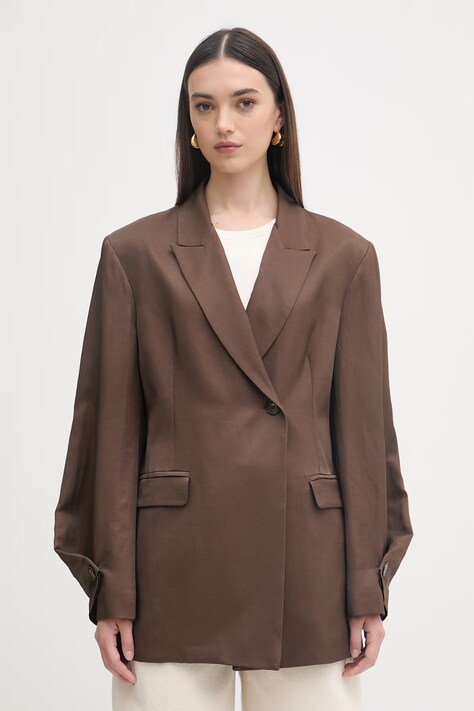 Haveone marynarka dwurzędowa damska z dodatkiem lnu brązowa JCB-Q020