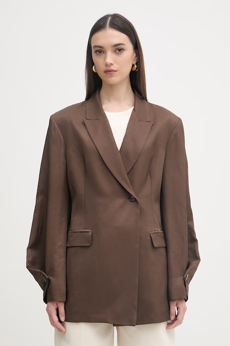 Haveone marynarka dwurzędowa damska z dodatkiem lnu brązowa JCB-Q020
