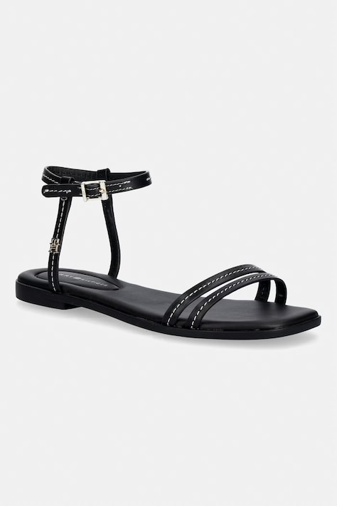 Tommy Hilfiger sandały damskie skórzane FLAT SANDAL STITCHING czarne FW0FW09215