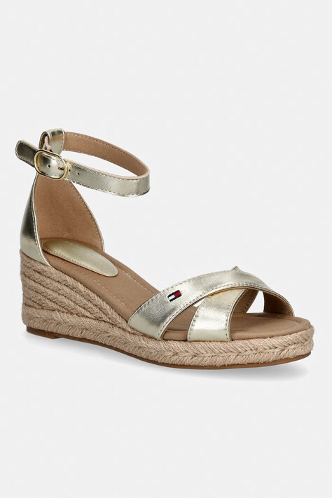Tommy Hilfiger sandały na koturnie skórzane MID WEDGE ESPAD X CROSS GOLD złote FW0FW09333