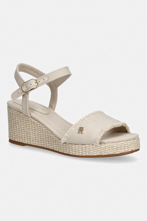 Tommy Hilfiger sandały na koturnie MID WOVEN WEDGE ESPAD FRINGE beżowe FW0FW09470