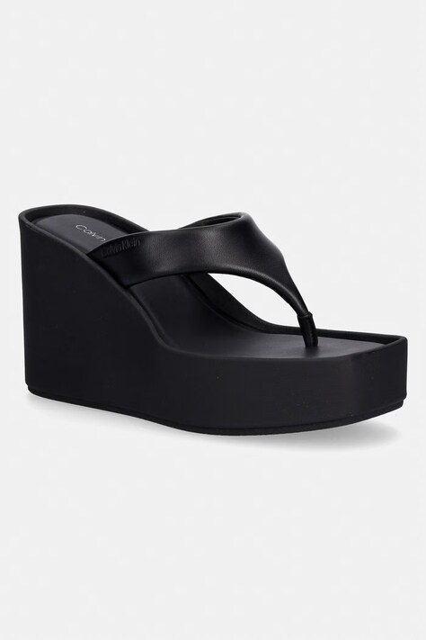 Calvin Klein japonki damskie skórzane WEDGE 70 SNDL THONG LTH czarne HW0HW02880