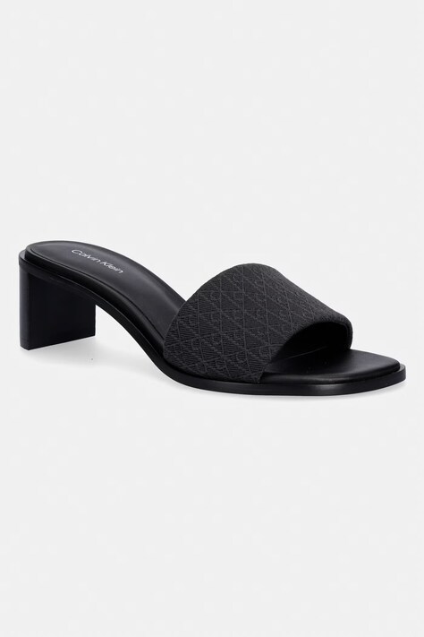 Calvin Klein klapki na słupku damskie BLOCK HEEL SANDAL AOP czarne HW0HW03016