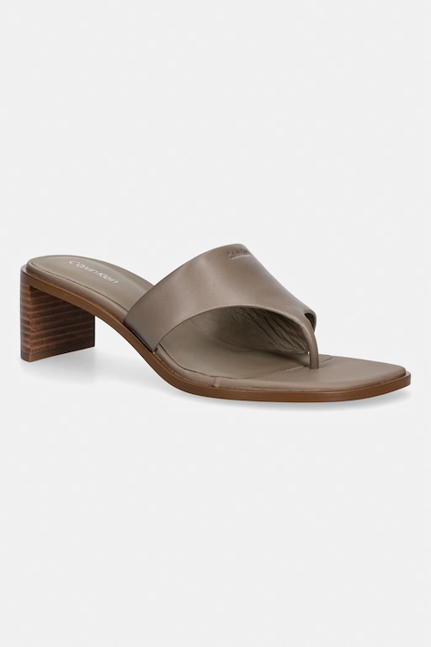 Calvin Klein japonki damskie skórzane BLOCK HEEL SNDL THONG LTH brązowe HW0HW03017