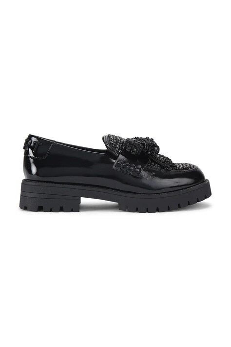 Kurt Geiger London mokasyny skórzane Bow Crystal Loafer damskie kolor czarny na płaskim obcasie 5388400109