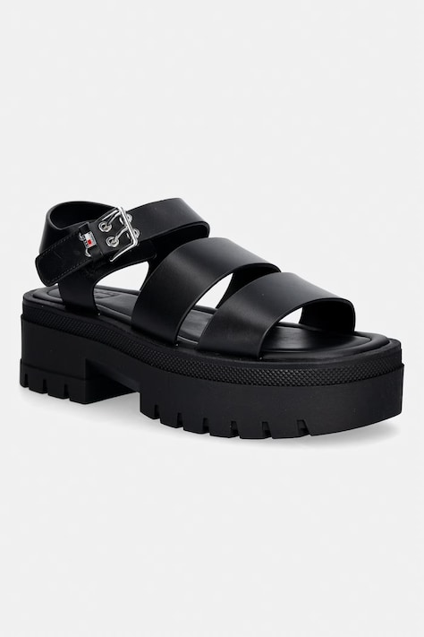 Tommy Jeans sandały damskie skórzane TJW STRAPS LEATHER MAX SANDAL czarne EN0EN02944