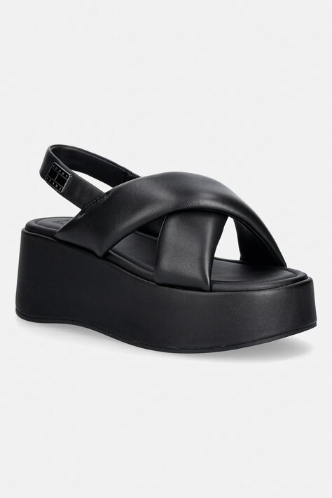 Tommy Jeans sandały na platformie damskie skórzane TJW PADDED STRAPS WEDGES czarne EN0EN02946