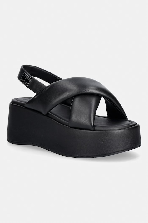 Tommy Jeans sandały na platformie damskie skórzane TJW PADDED STRAPS WEDGES czarne EN0EN02946