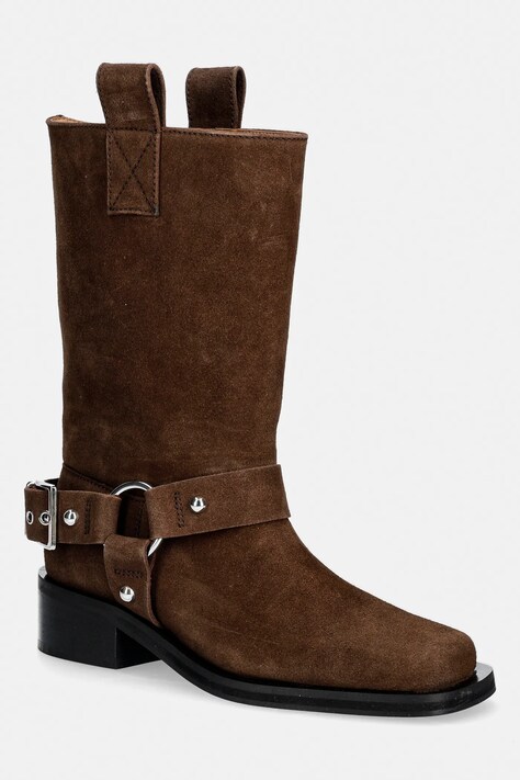 GANNI botki damskie kolor brązowy na płaskim obcasie B1010095