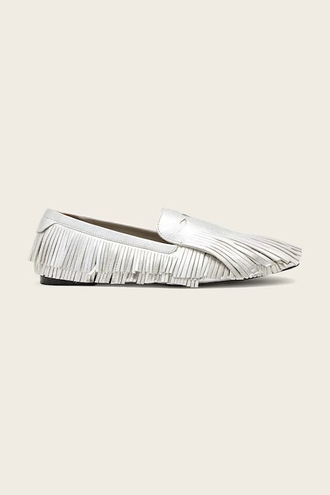 AllSaints loafersy damskie skórzane Sandy Fringe Loafer srebrne na płaskim obcasie W079FE