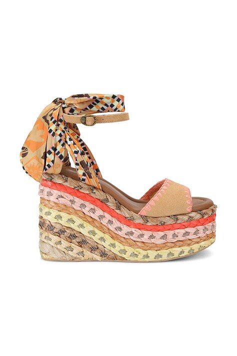 Kurt Geiger London sandały na wysokim obcasie Chelsea Scarf Wedge brązowe 5597294209
