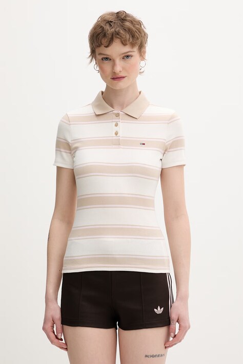 Tommy Jeans polo damskie bawełniane z elastanem beżowe DW0DW22327