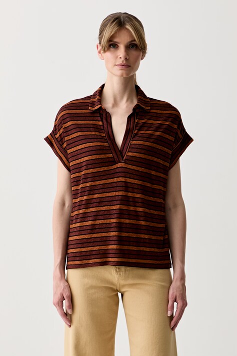 United Colors of Benetton polo damskie z lnem brązowe 35LYD301E