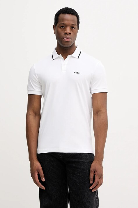 BOSS Green polo bawełniane męski kolor biały gładki 50554565