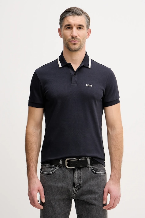BOSS Green polo de bumbac culoarea albastru marin, neted, 50554565