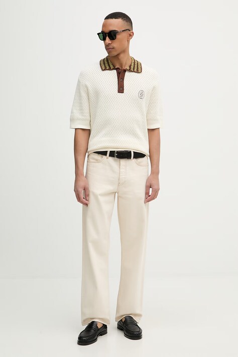 Drôle de Monsieur polo swetrowe męskie bawełniane Maille Ajouré D Miroir beżowe K-PO206-CO292-OW