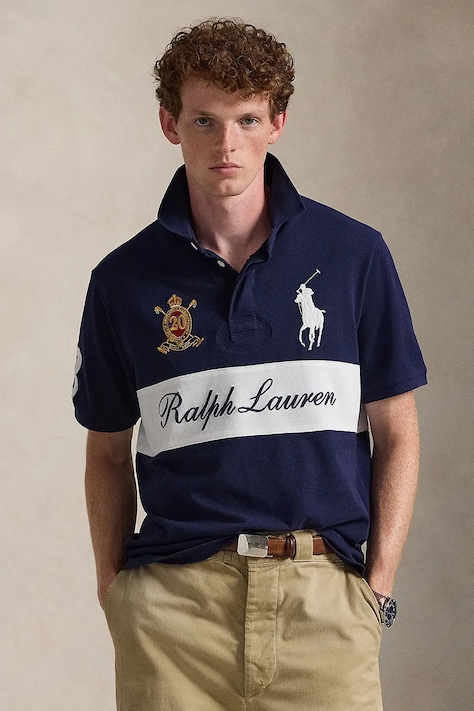 Bavlněné polo tričko Polo Ralph Lauren pánské, tmavomodrá barva, s aplikací, 710P03953