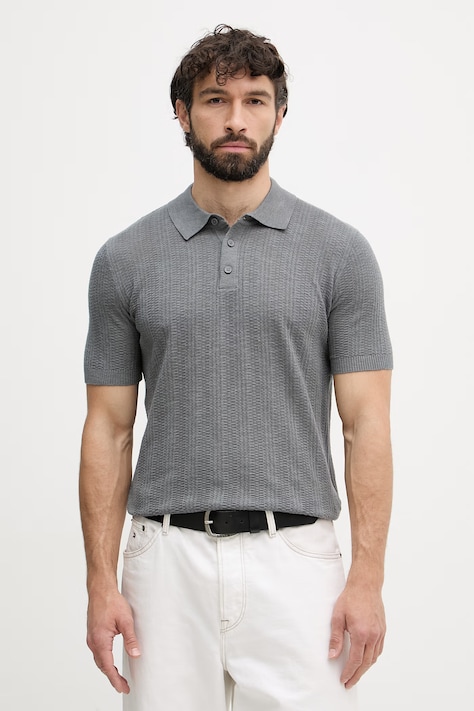 United Colors of Benetton πλεκτό μπλουζάκι πόλο ανδρικό με πρόσμιξη λινού γκρι 1DC3U301T
