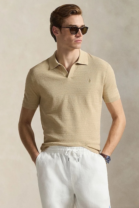 Polo Ralph Lauren polo z domieszką lnu kolor brązowy gładki 710B13891
