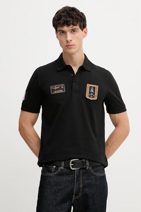 Тениска с яка Aeronautica Militare в черно с апликация PO1927UP00191