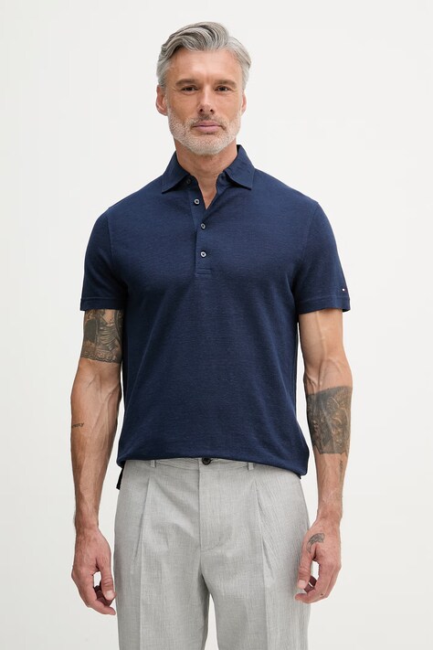 Tommy Hilfiger тениска тип пулове с яка мъжка с лен NEW YORK тъмносиня MW0MW42679