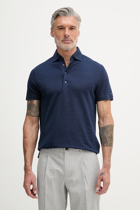 Tommy Hilfiger тениска тип пулове с яка мъжка с лен NEW YORK тъмносиня MW0MW42679