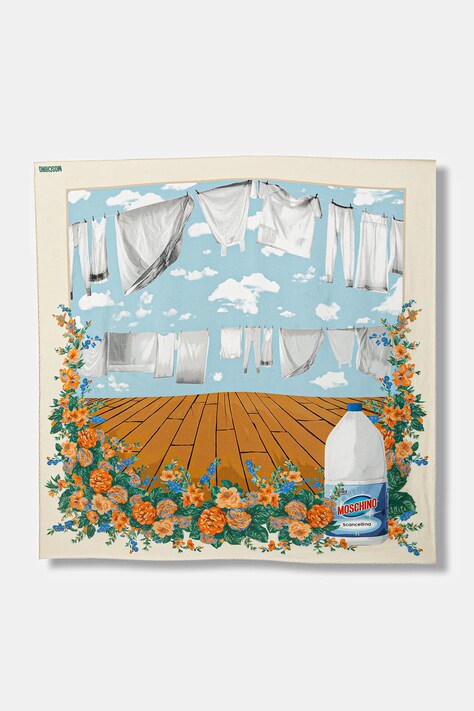 Moschino chusta jedwabna damska kolor beżowy wzorzysta M3378 03549