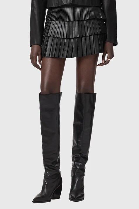 AllSaints spódnica skórzana kolor czarny mini rozkloszowana W059RD