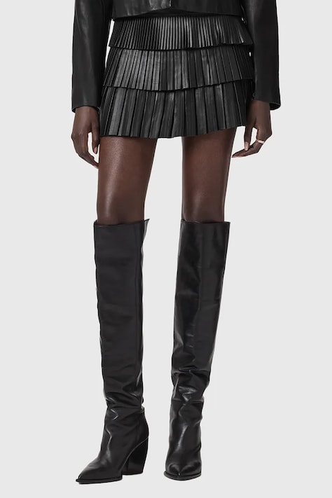 AllSaints spódnica skórzana kolor czarny mini rozkloszowana W059RD