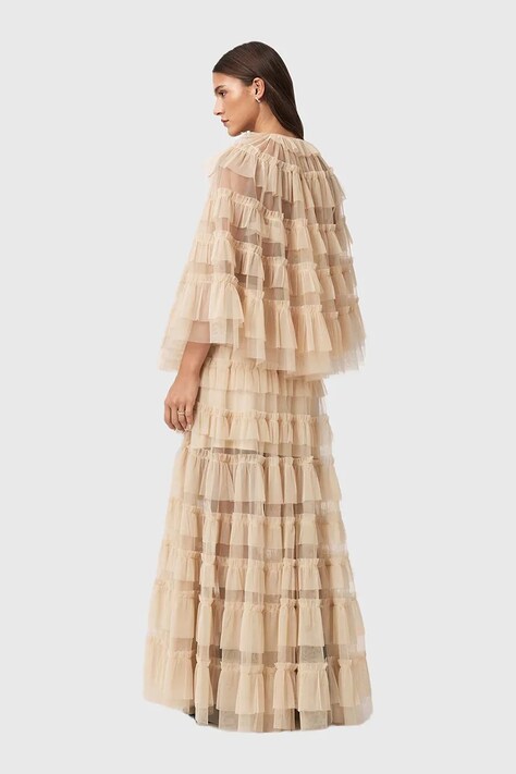 AllSaints spódnica kolor beżowy maxi rozkloszowana W071RD