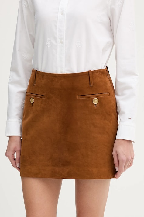 Semišová sukně Tommy Hilfiger hnědá barva, mini, pouzdrová, WW0WW47773