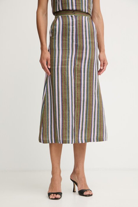 iBlues spódnica z rozcięciem z lnem CIMA zielona w paski 2617101072200