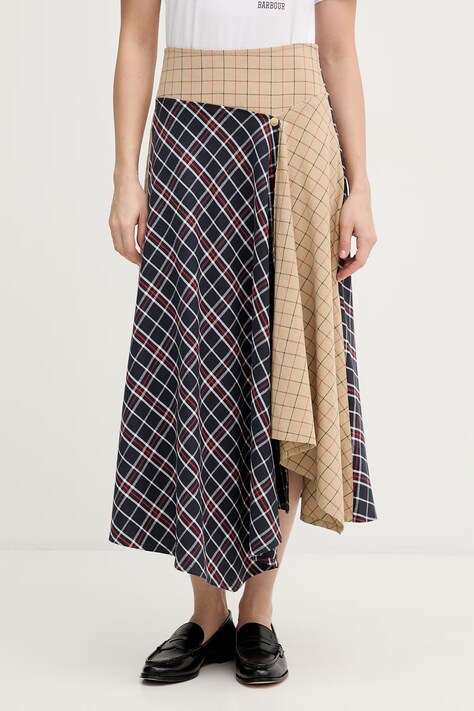 Barbour spódnica bawełniana Dalbury kolor beżowy midi rozkloszowana LSK0147