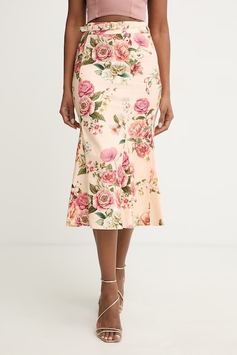 Guess sukňa s ľanom RYAN béžová s kvetmi W6GD69 W2092